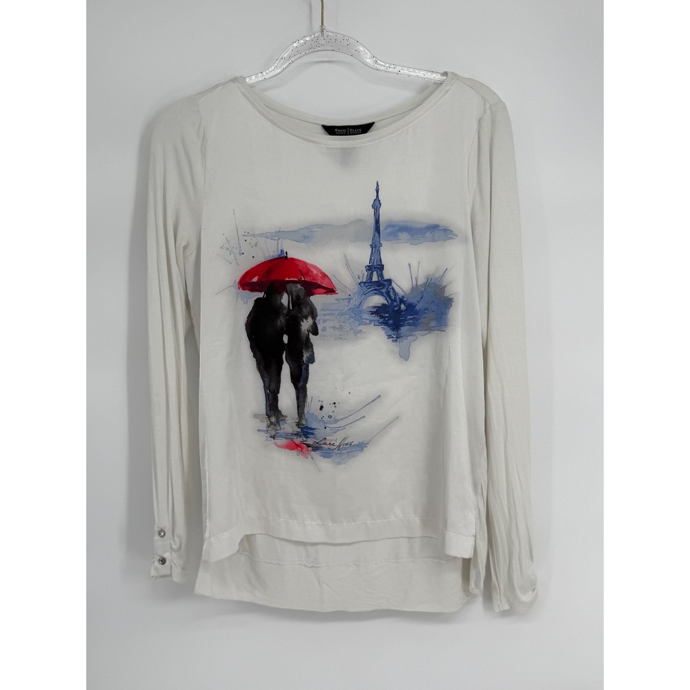 Whiteโ House Black Market Paris Eiffel Tower Graphic Long Sleeve Top White Sz XS
